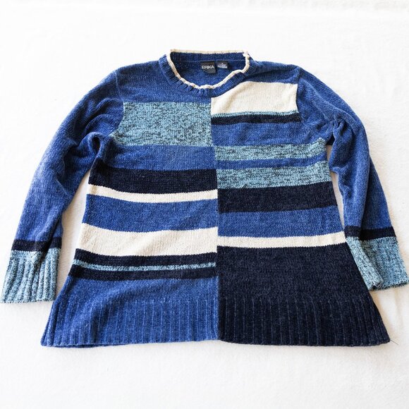 Vintage 90s Patchwork Knit Sweater Blue Striped | Retro - Picture 1 of 8